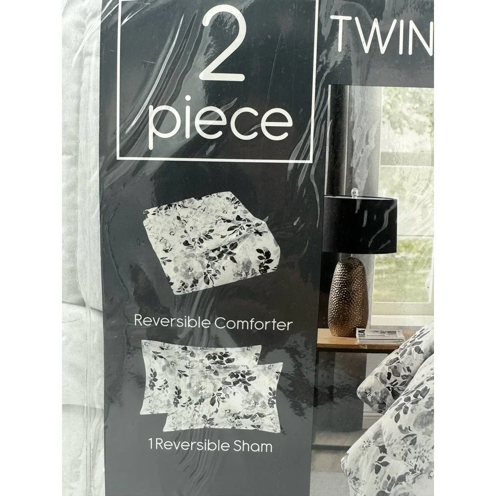 Pem America, Black and White 2-Pc. Floral-Print Twin Comforter Set